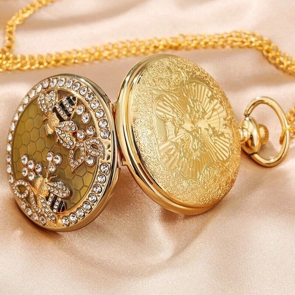Honey Bee NEW Pocket Watch Gold Tone Jewel Encrusted Bee Honeybee Gift - Picture 3 of 5